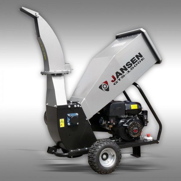 The Jansen USA GTS1500e A commercial grade self feeding wood chipper with a 14hp powerful Kohler engine, 2 sharp cutting blades, and a large hopper for efficient wood chipping