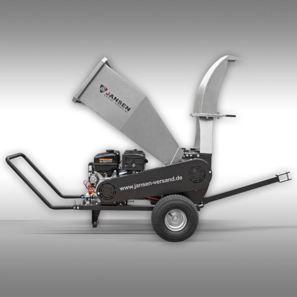 Side view of the self-feeding wood chipper with a 15hp Loncin gasoline motor.