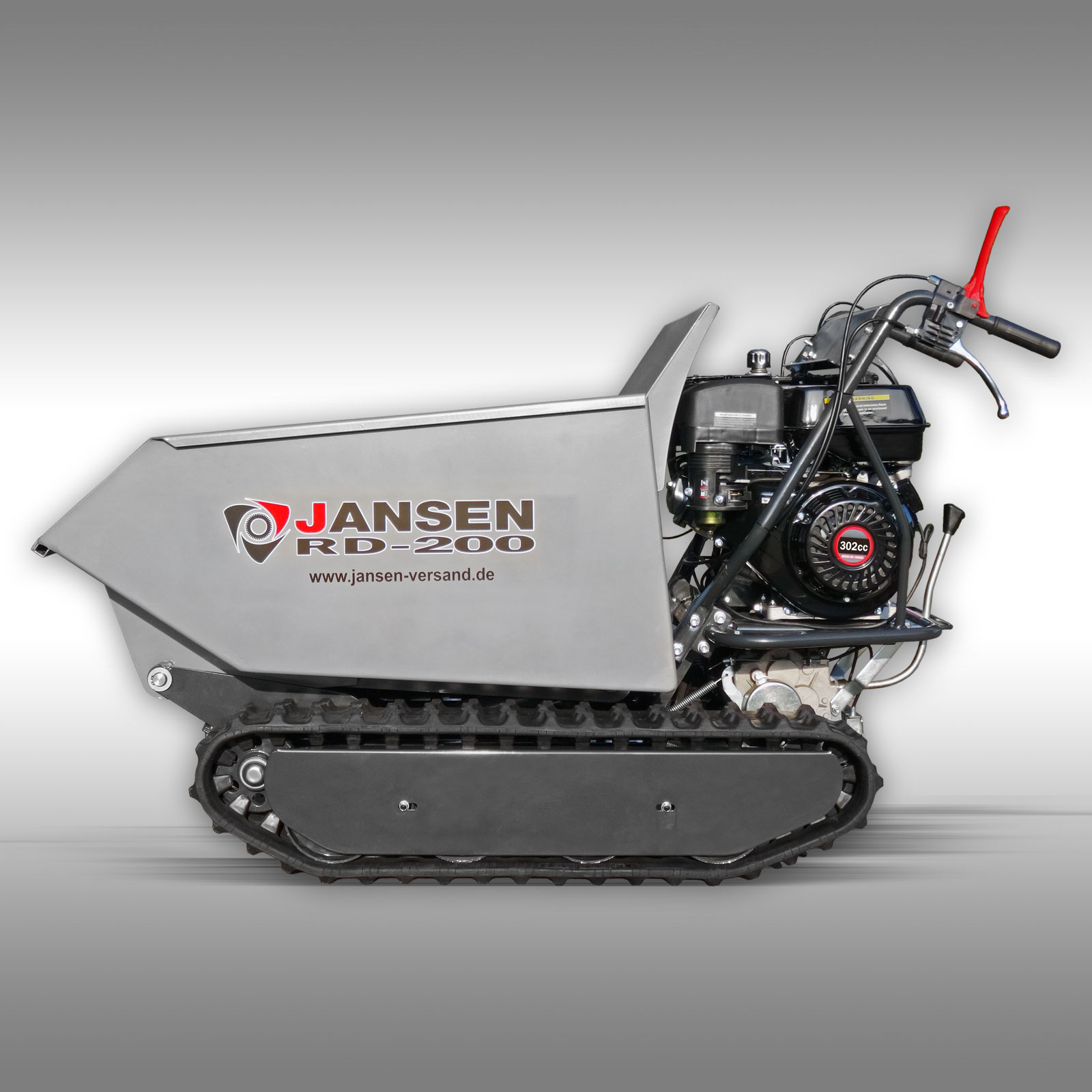 Side shot of the RD-200 Track dumper by Jansen USA, the bucket is down
