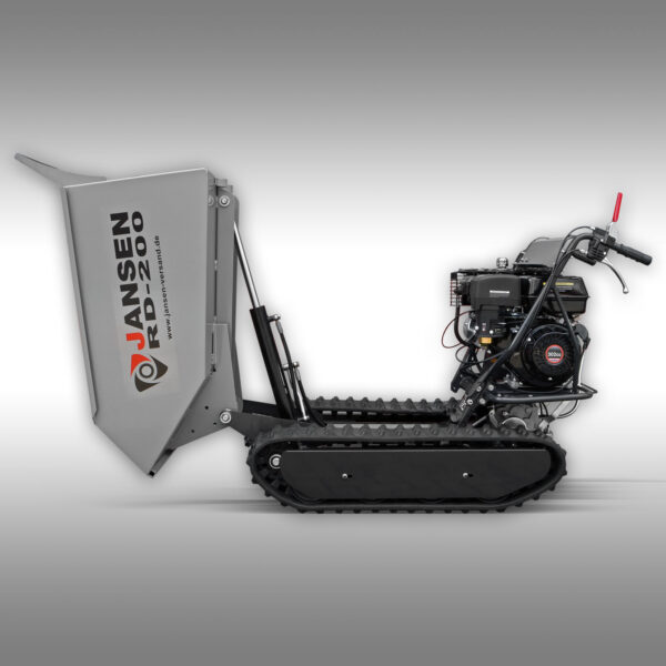 Side shot of the RD-200 Track dumper by Jansen USA, the bucket is fully lifted showing the 90 degree dump