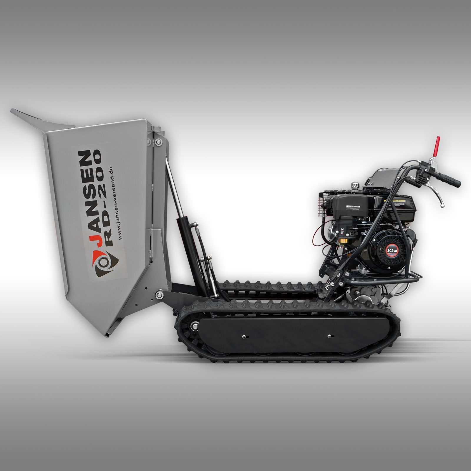 Side shot of the RD-200 Track dumper by Jansen USA, the bucket is fully lifted showing the 90 degree dump
