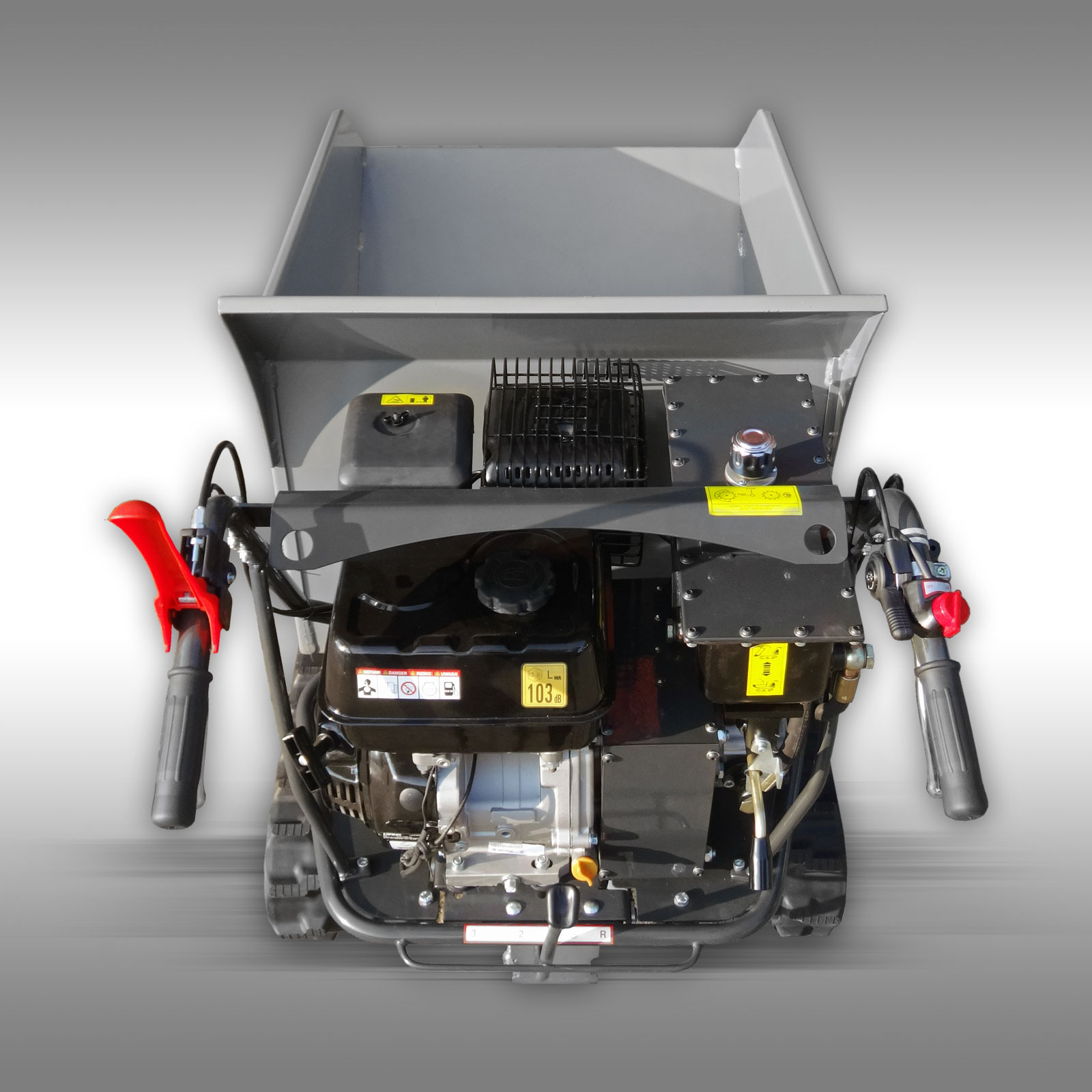Close of Picture of the RD-200 Track dumper by Jansen USA, focusing on the top of the motor and the handle bars