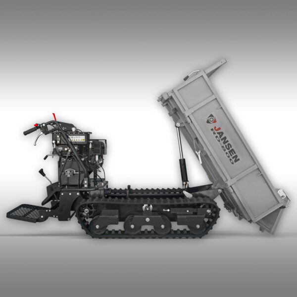 Jansen USA RD-800 track dumper, tipped at a 60 degree angle, with the side walls on.
