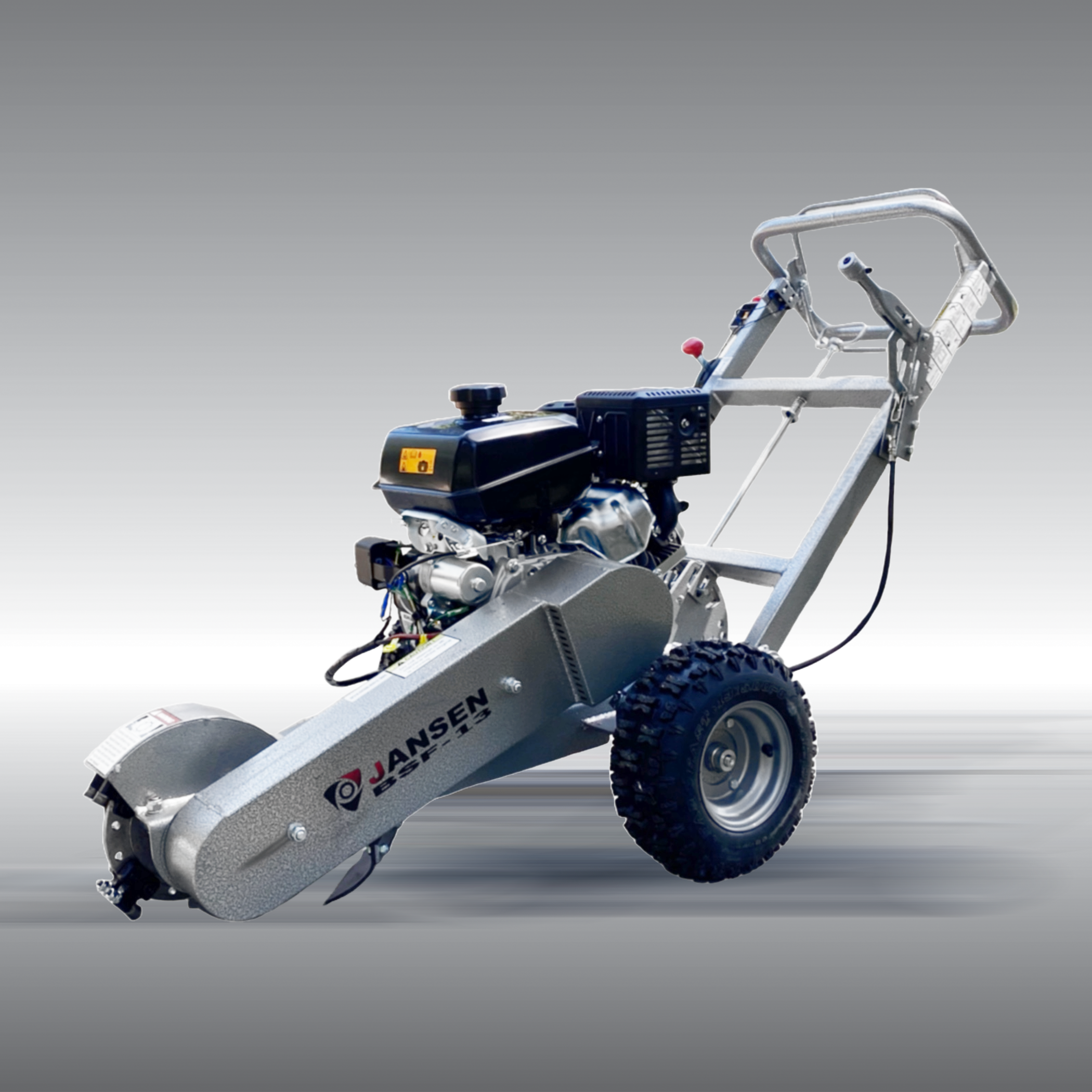 Left Side angle and Cover photo of the stump grinder BSF-13 with round teeth from Jansen USA, Showing its and sleek design.