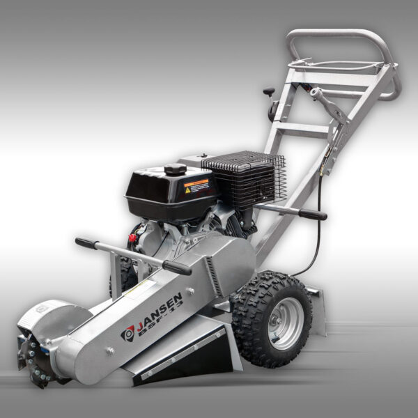Left side angle and cover photo of the stump grinder BSF-13 from Jansen USA, showing its beautiful powder coating and sleek design.