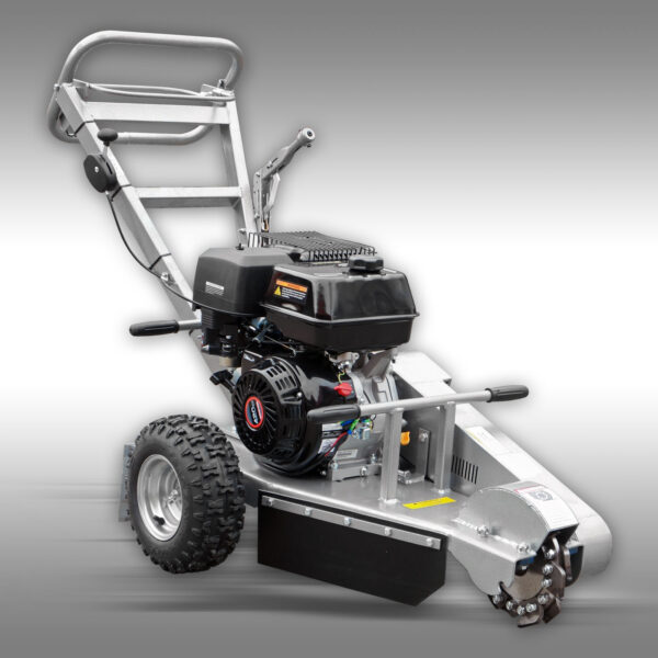 The Right Side Angle of the BSF-13 Stump Grinder Showcasing the 14hp Kohler motor and the large rubber gard.